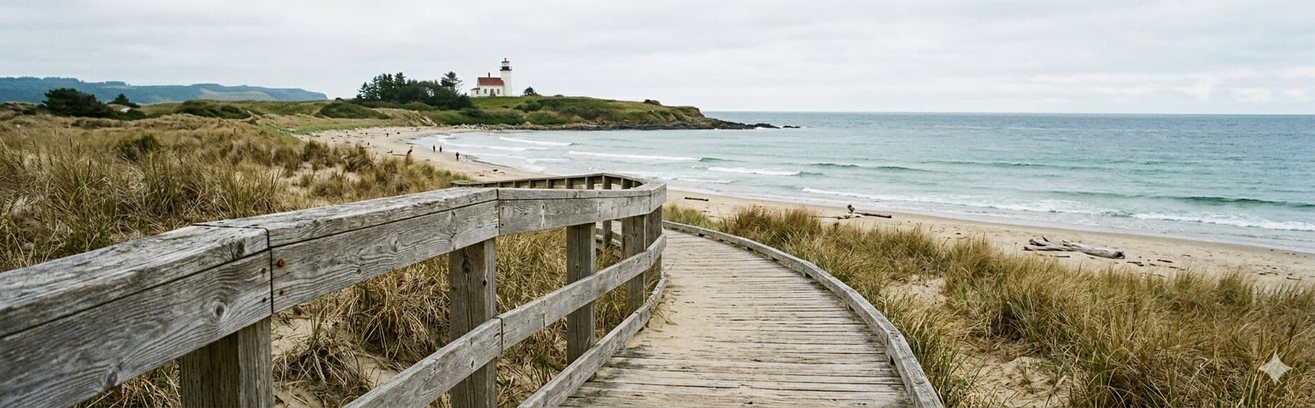 A boardwalk winding along the beach toward a distant lighthouse