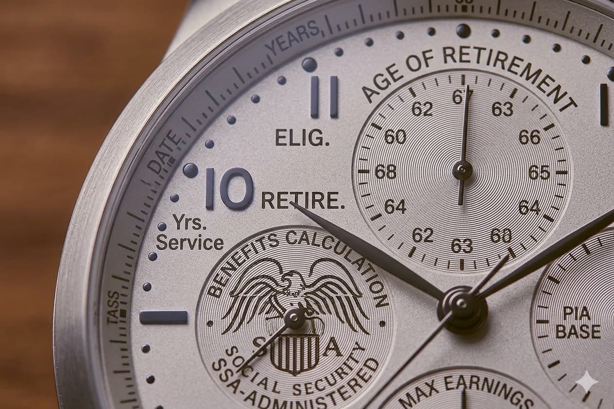 Close-up of an engraved watch face with dials labeled Age of Retirement, Benefits Calculation, and Social Security